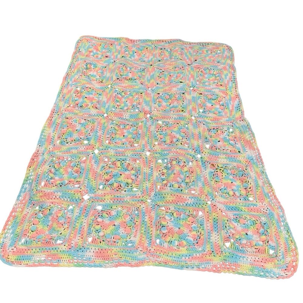 Handmade Baby Blanket Crochet Granny Squares Welcome Spring Crib Throw 45x30